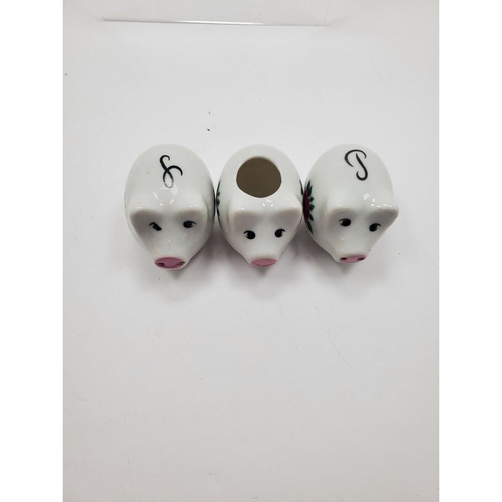 Vintage Cute Ceramic Pig Salt & Pepper Shaker 3-Piece Set w/ Toothpick Holder - Picture 2 of 5